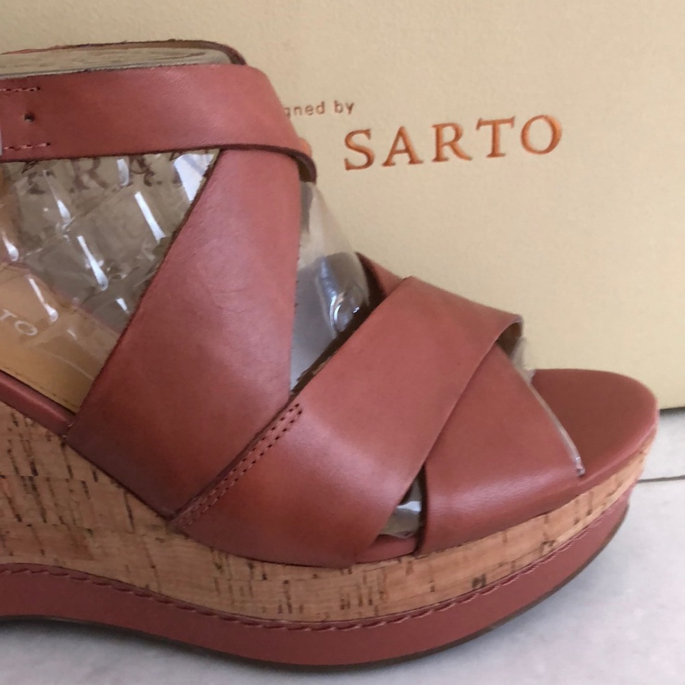 FRANCO SARTO PLATFORM WEDGE LEATHER SANDALS - Picture 4 of 4